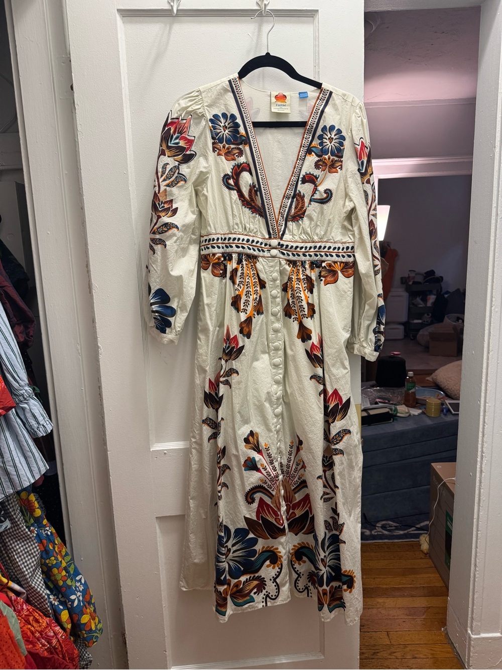 FARM Rio Cream Maxi Dress with Blue, Red and Brown Floral Embroidery